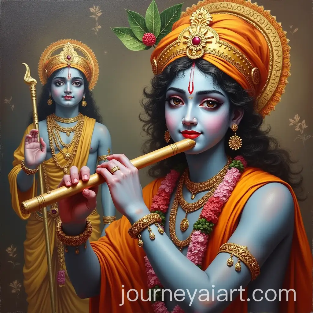 Lord-Krishna-Playing-Flute-with-Shri-Ram-Portrait-in-the-Background-Oil-Painting