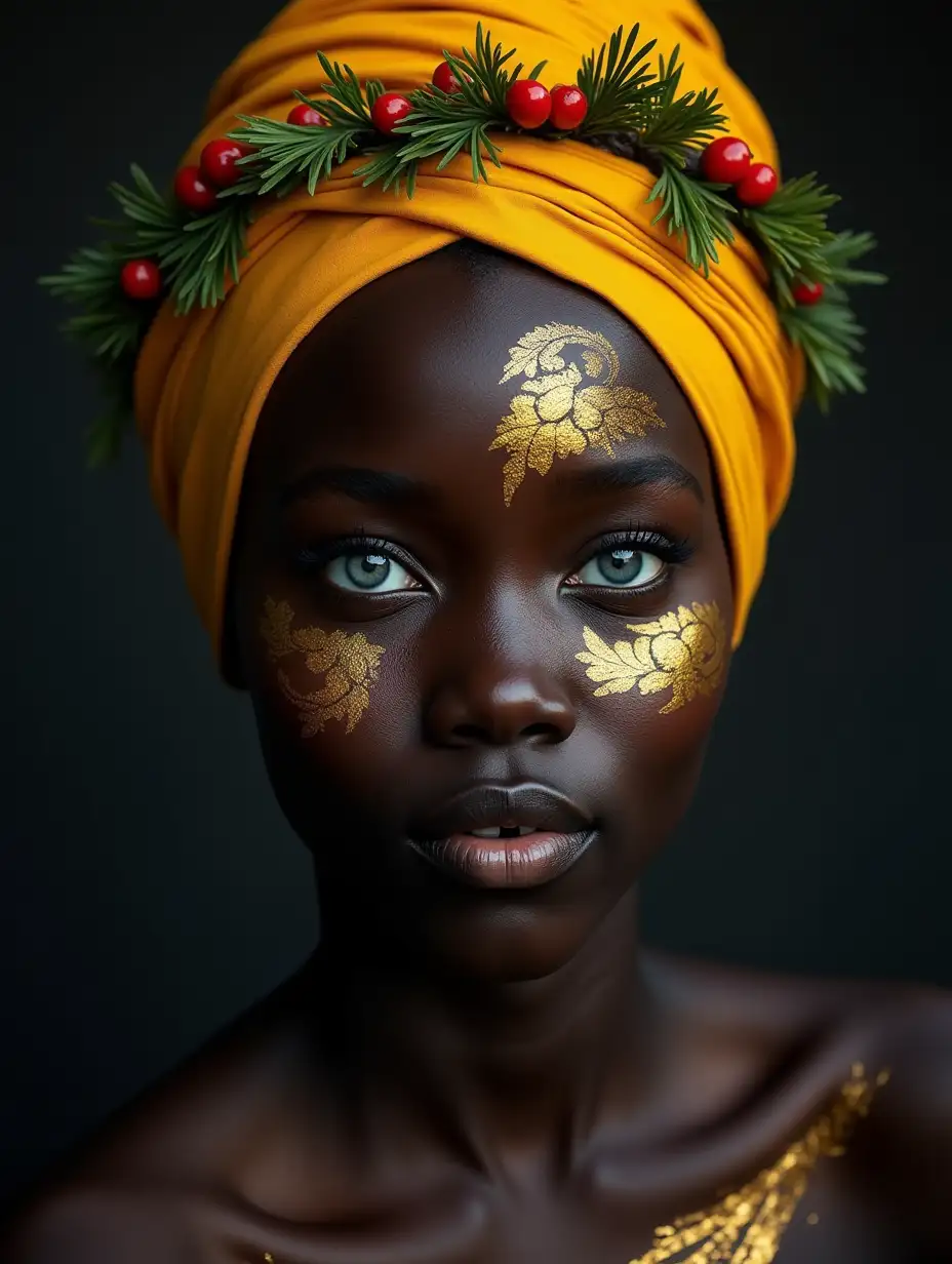 The photo shows a face of a beautiful black young woman in a yellow headdress decorated with red berries and a wreath of green leaves and grass. half of the face and half of the body are painted golden, with golden patterns. The woman's skin is very black, the woman's eyes are blue. The background is dark gray, which creates a sharp contrast with the woman's skin.