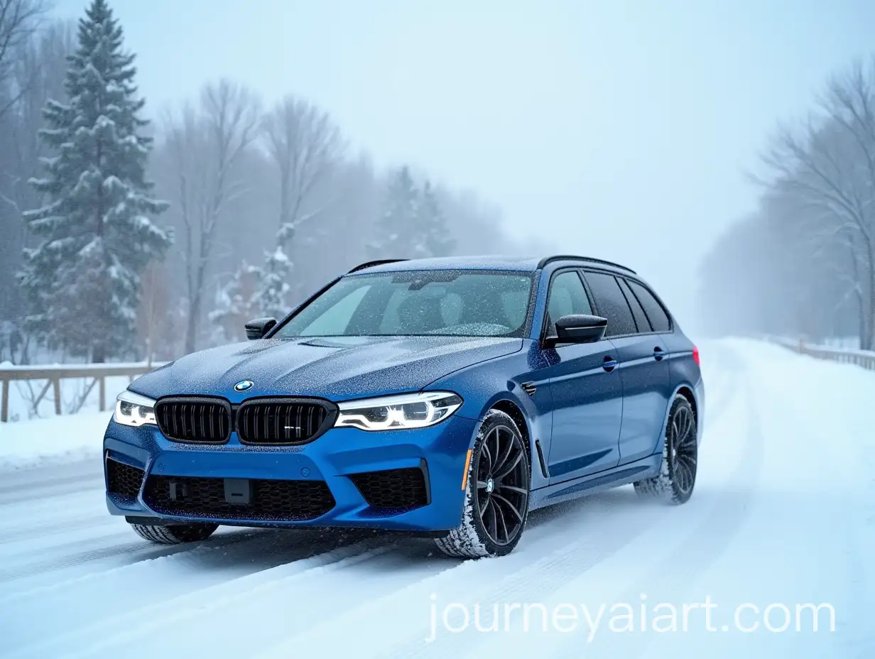 Blue-BMW-M5-Touring-on-Snowy-Road-with-Snowstorm-Background