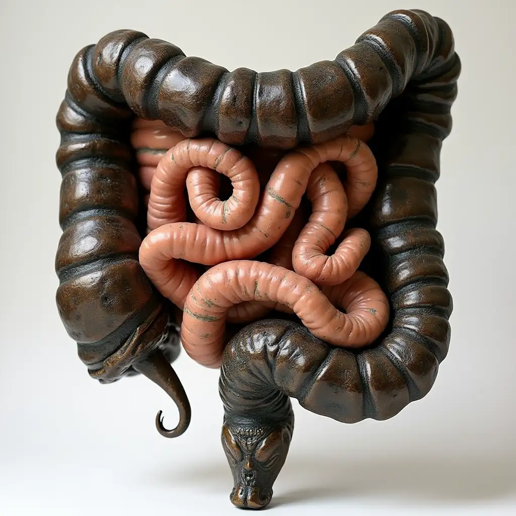 make a vintage, weathered, patinated bronze sculpture: Realistic anatomical model of the human colon for medical education and colonoscopy training.  Includes full large intestine with natural folds, haustra, and lifelike mucosal texture. Backsight, rectal, dorsal,  Features polyps, diverticula, and cancer- inflammation for diagnostic practice. it ends on the ends in a rattlesnakes head and rattle,