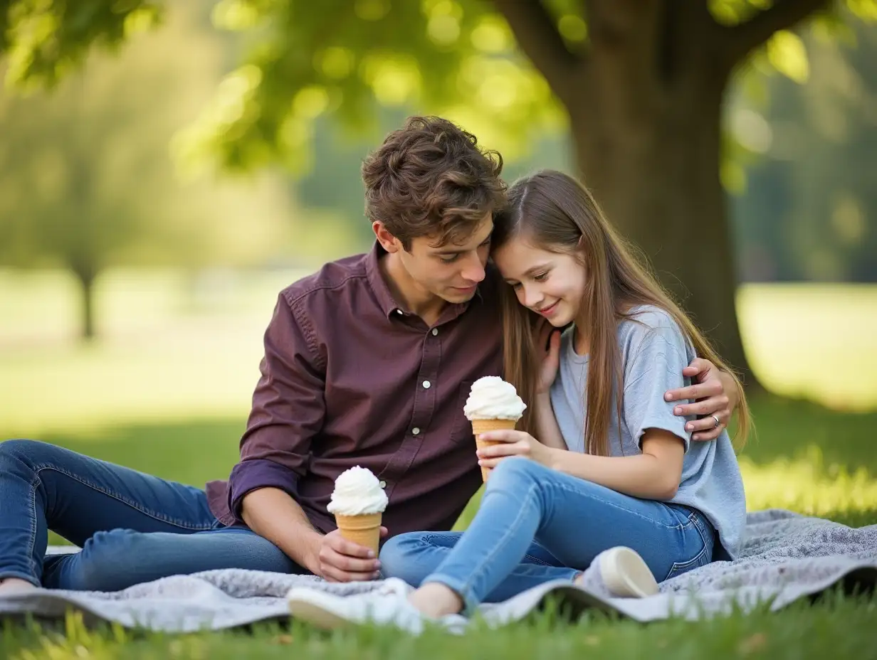 Parent-and-Teenager-Sharing-a-SweetPicnic-with-parent-and-teenager-Moment-Under-a-Tree-with-Ice-Cream