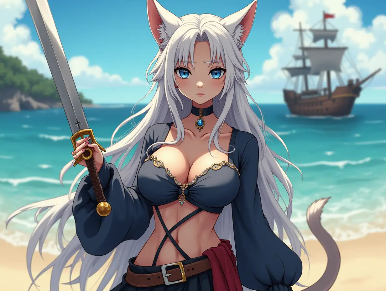 A mature adult feline/woman dressed as a pirate with a sword on a beach.  A pirate ship in the background. Her 30-something years are disguised by her youthful facial features, except for her subtle wrinkles around the eyes, extremely slender body. Her ample bosom strains against her clothing, threatening to burst free from the fabric, extreme cleavage.  Wearing black boots. She has piercing blue cat eyes. A choker adorns her neck, a subtle hint at her feline nature. Her long, white hair cascades down her back like a wild waterfall, tangled and disheveled. Her cat-like teeth glint in the light, as her white fur-lined ears punctuate her visage with sparkling black and gold earring adorns each ear, adding a touch of elegance to her feline features. Cat whiskers on her face. The attached tail at the base of her spine stirs lazily.  Long fingernails. Full body view. Anime.