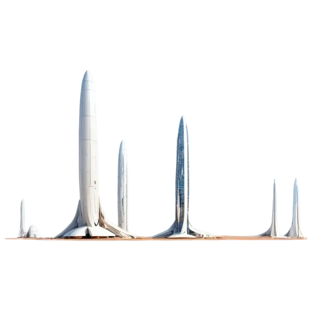 tall sleek Martian buildings, white metal, distant view, horizon, complete structure