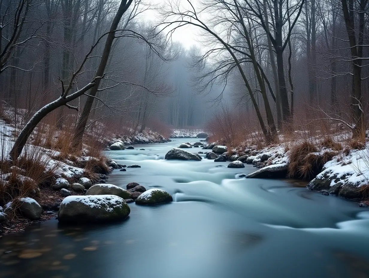 Serene Winter Stream Flowing Through a Snowy Woodland