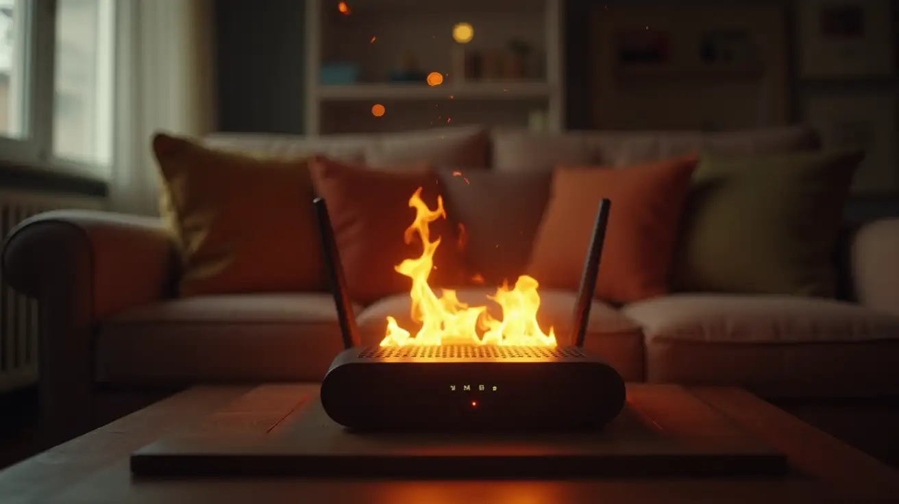 Modem internet that is on fire behind a sofa in a living room