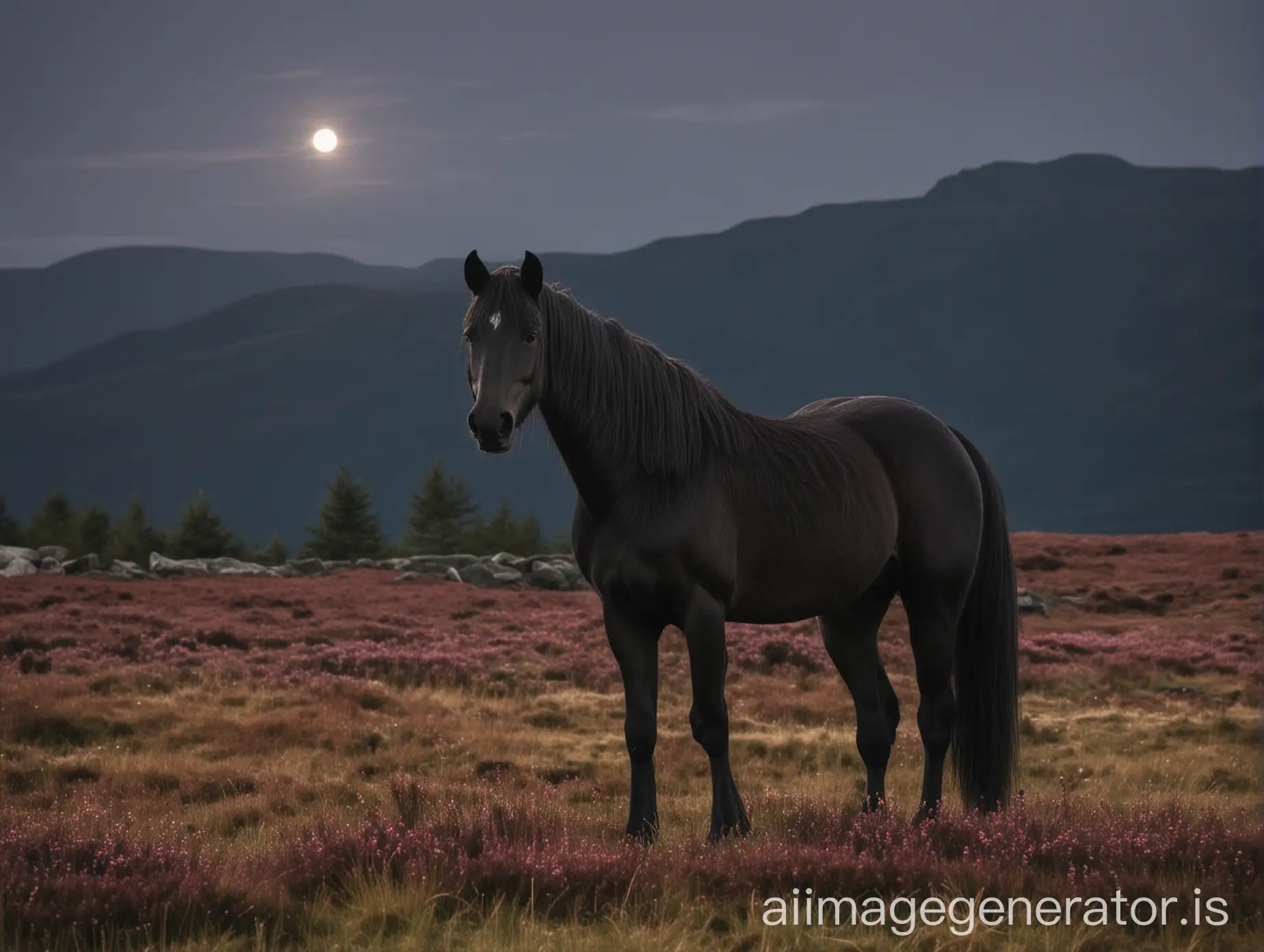 black horse standing on  short trimmed grass , Scottish mountains background , heather , nightime , moonlight backlight