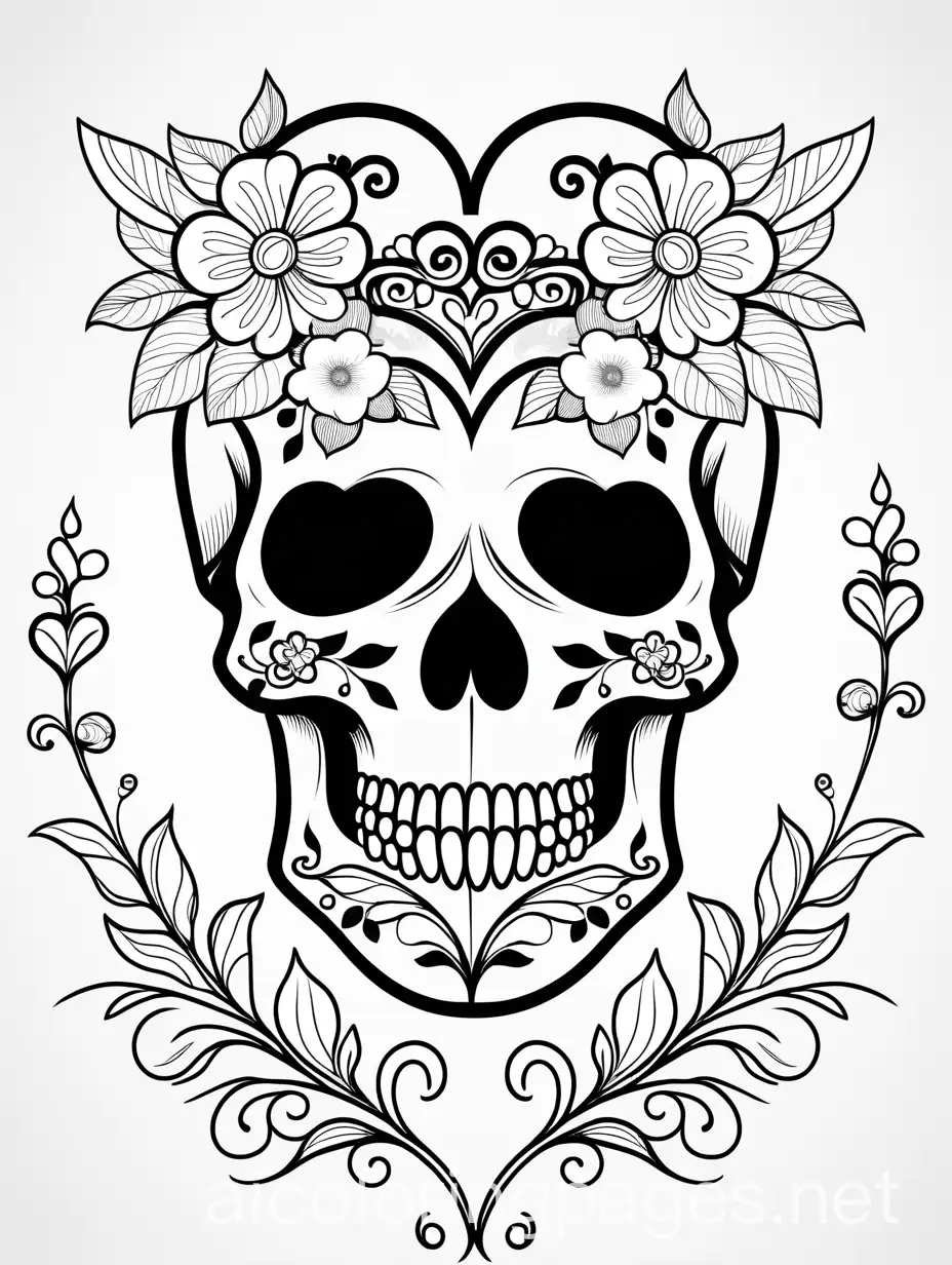 Whimsical-HeartShaped-Skull-with-Floral-Crown-Line-Art