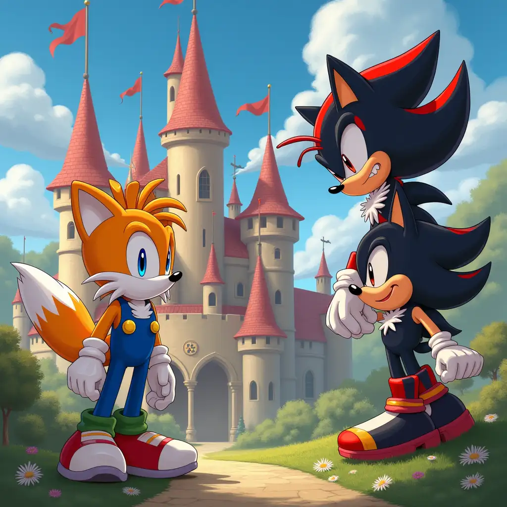 Miles tails prower and shadow the hedgehog on the peaches castle from Super Mario 64