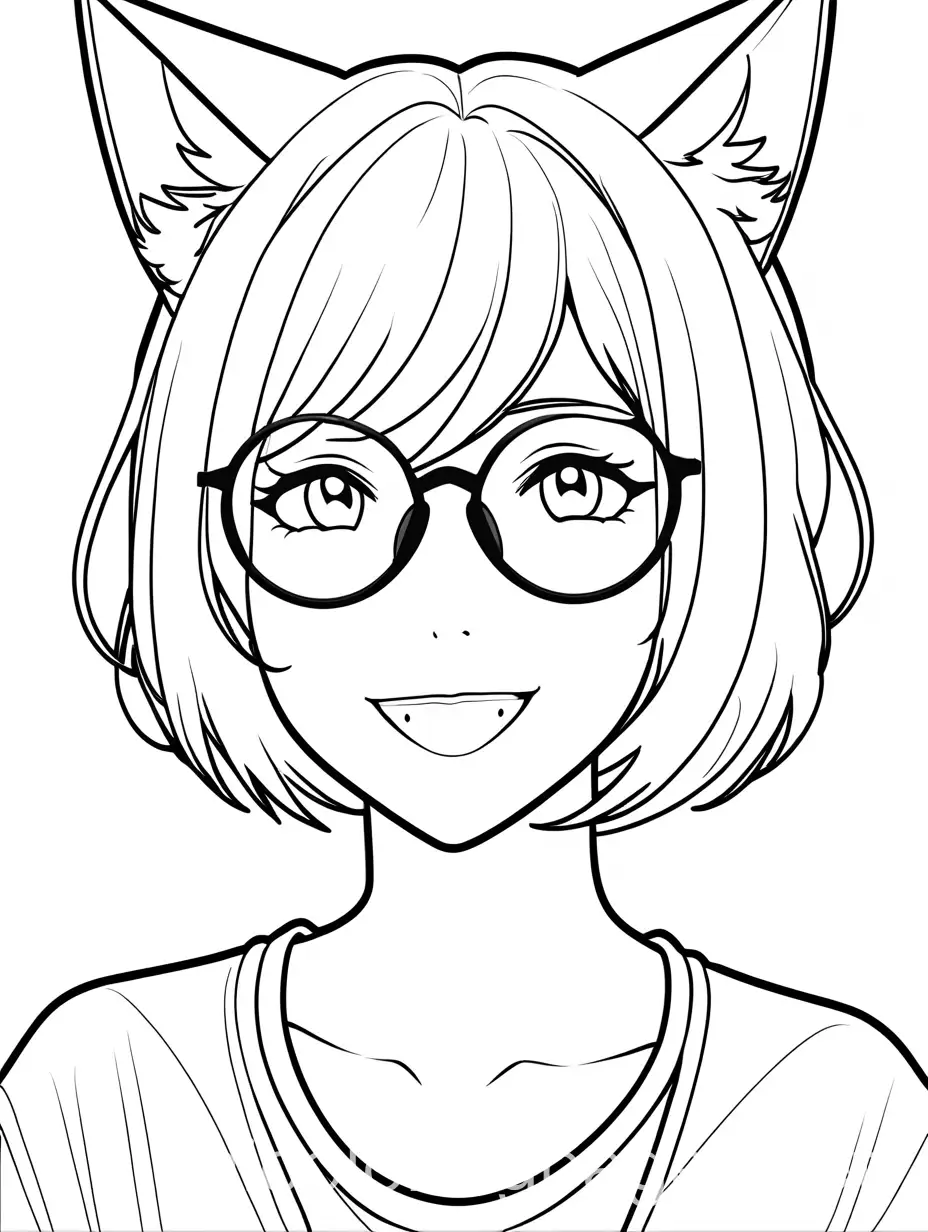 Anime-Woman-with-Cat-Ear-Glasses-Smiling-in-Line-Art-Style