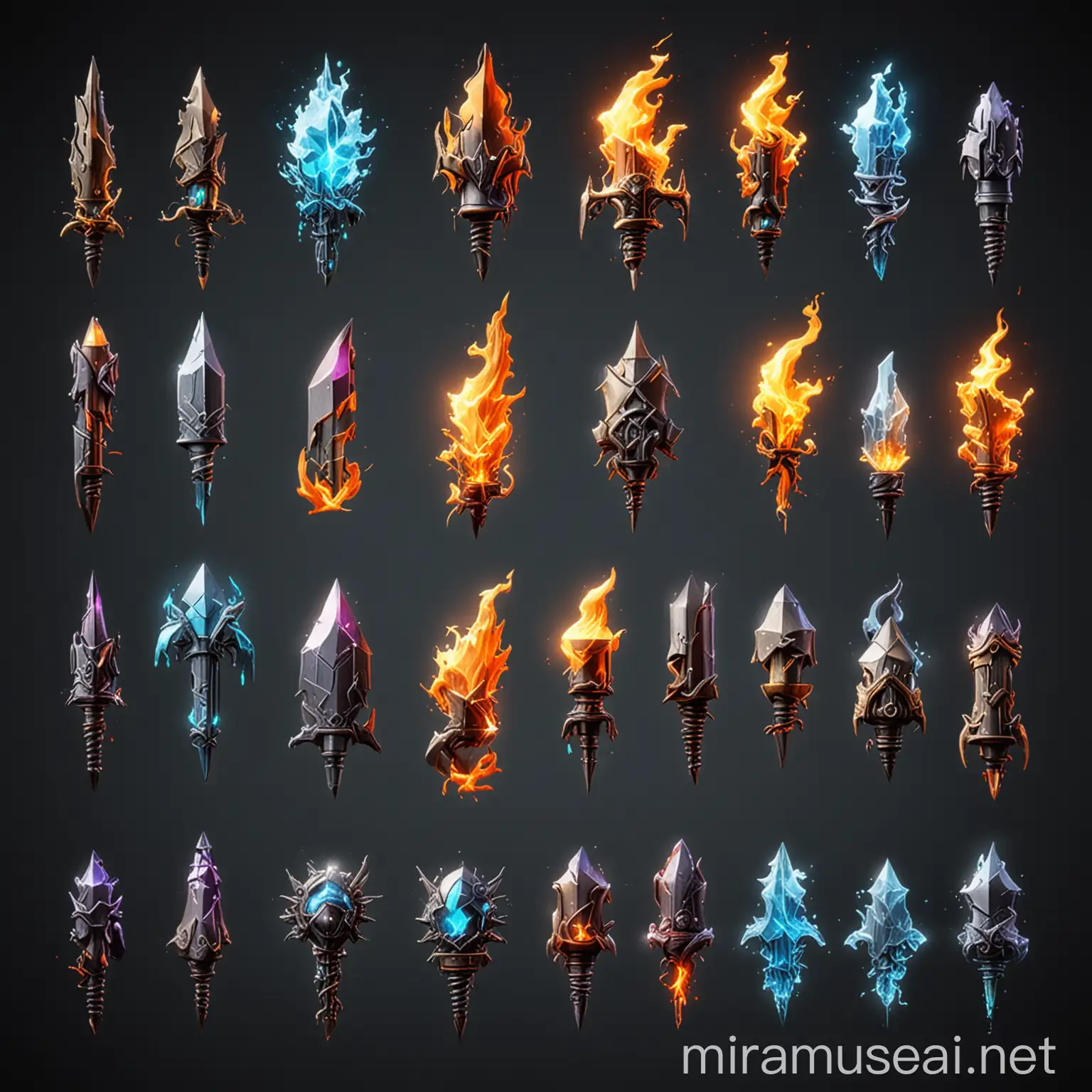 Retro RPG Items Spritesheet Metallic Colors with Electric Lightning Flame and Ice Elements