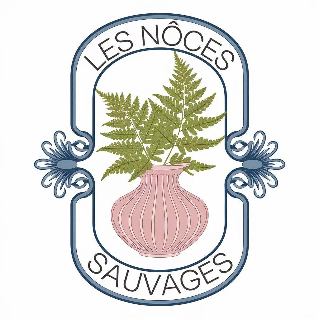 LOGO Design for Les Noces Sauvages Green Ferns in Vintage Pink Vase Vector Logo