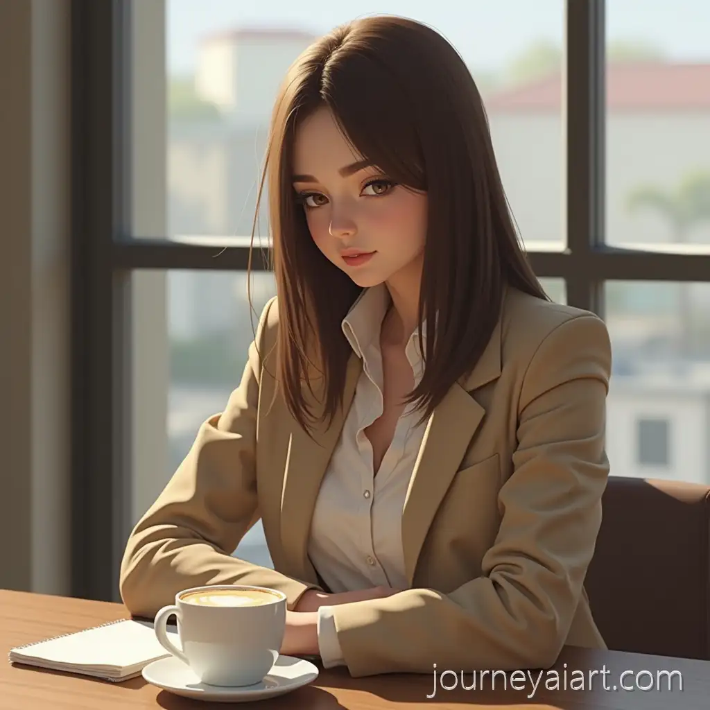 Brunette-Woman-in-Beige-Suit-Sitting-by-Window-with-Coffee-and-iPhone