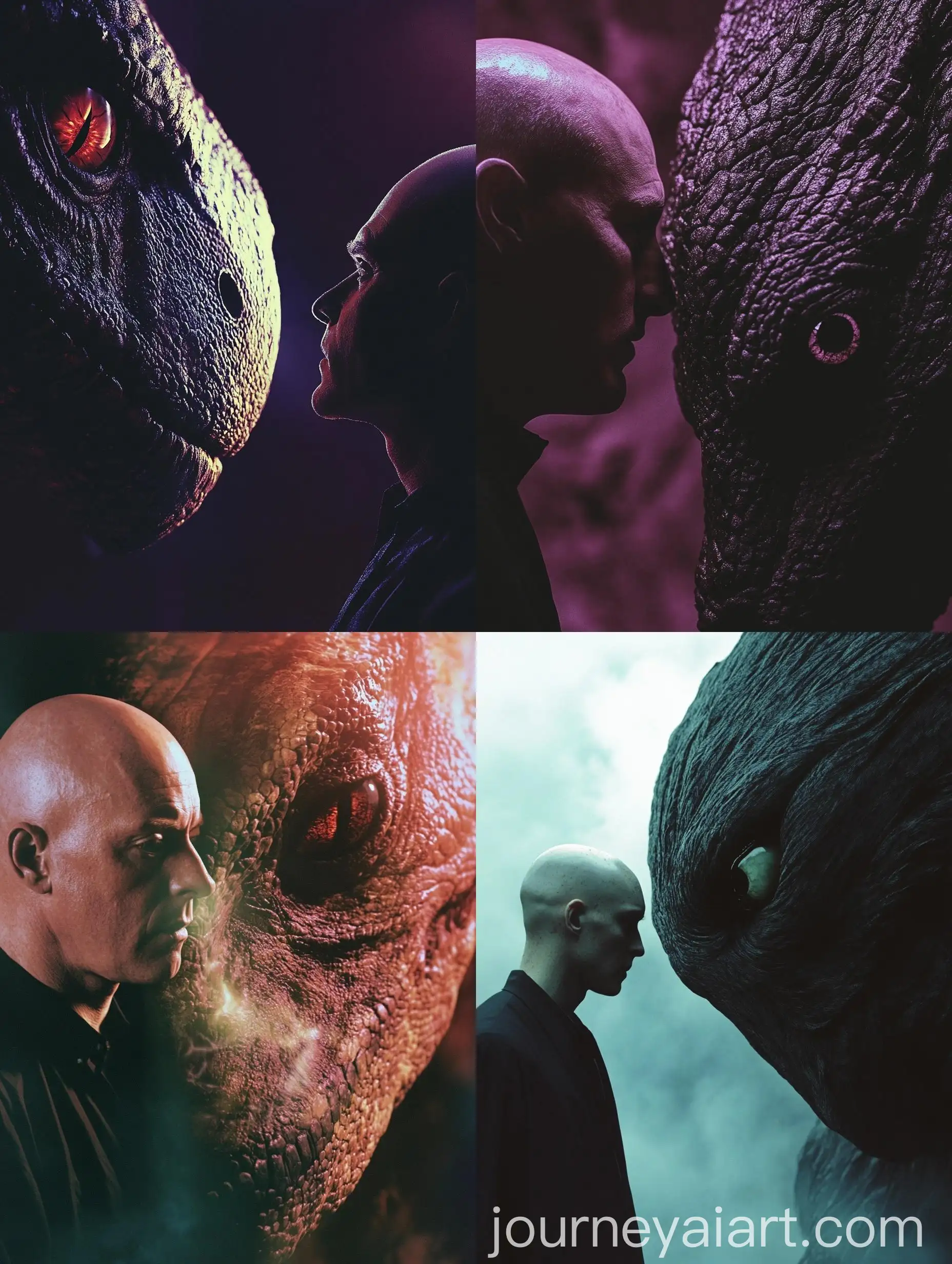 Futuristic-Bald-Man-with-Alien-Creature-in-Retrowave-Scene