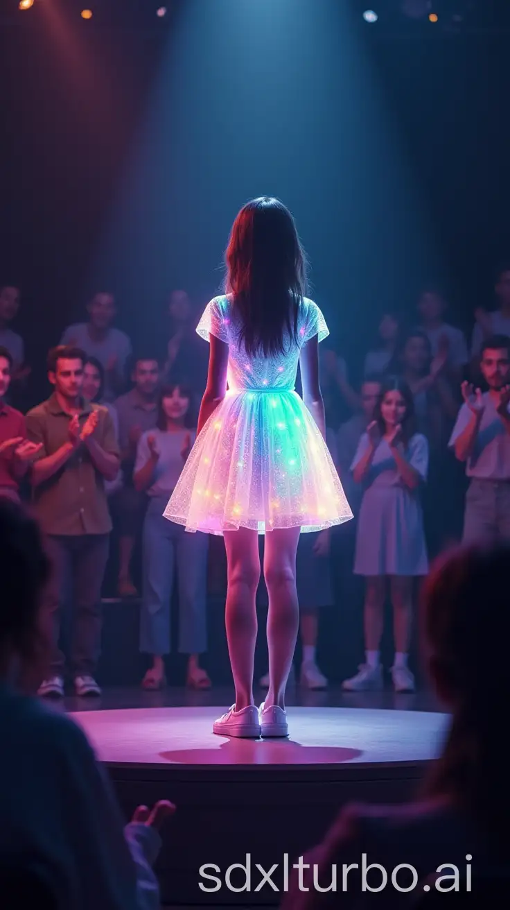 Glowing-NeonDressed-Girl-on-Podium-Amidst-Applauding-Spectators