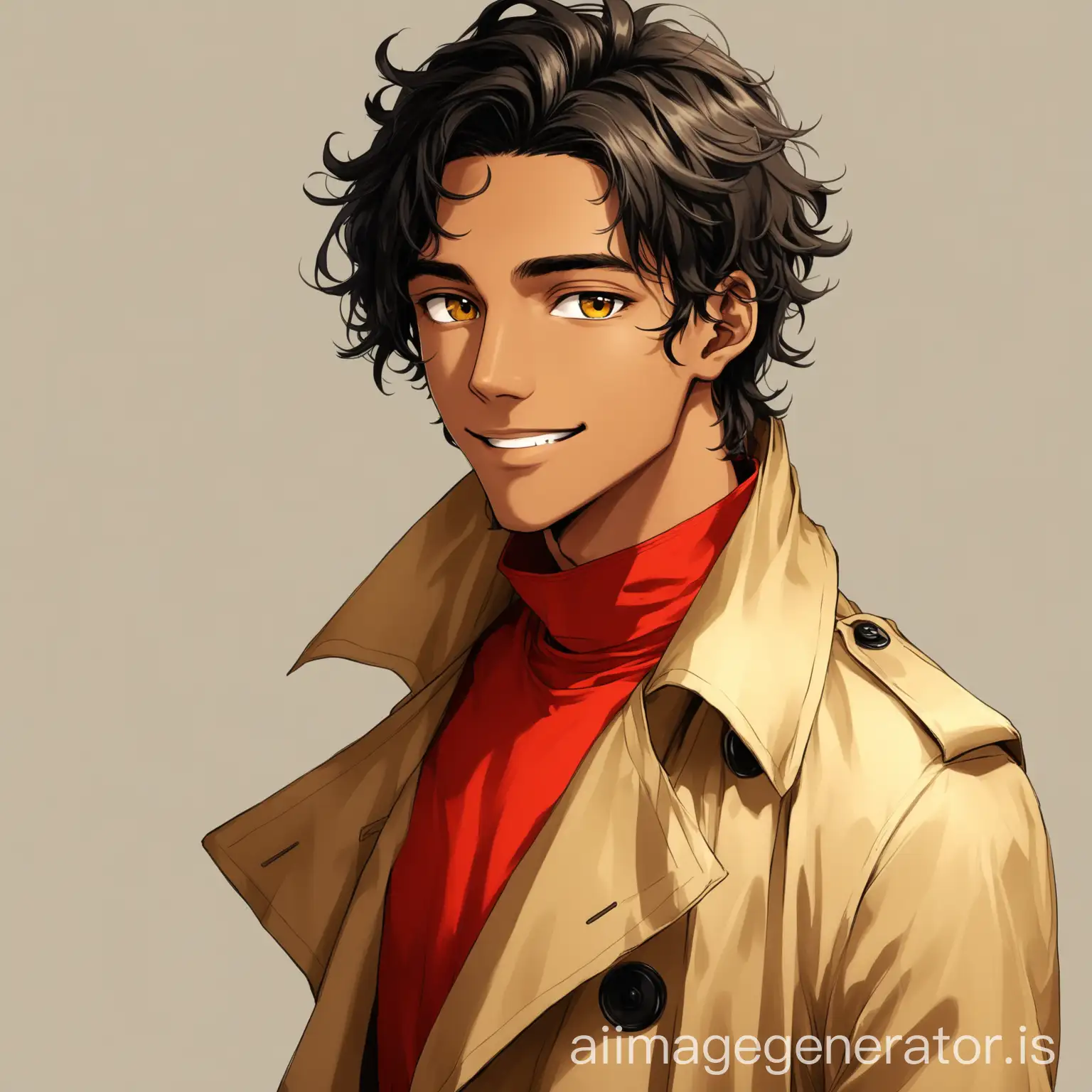 Handsome-21YearOld-Man-with-Golden-Eyes-and-Messy-Black-Hair-in-Khaki-Trench-Coat