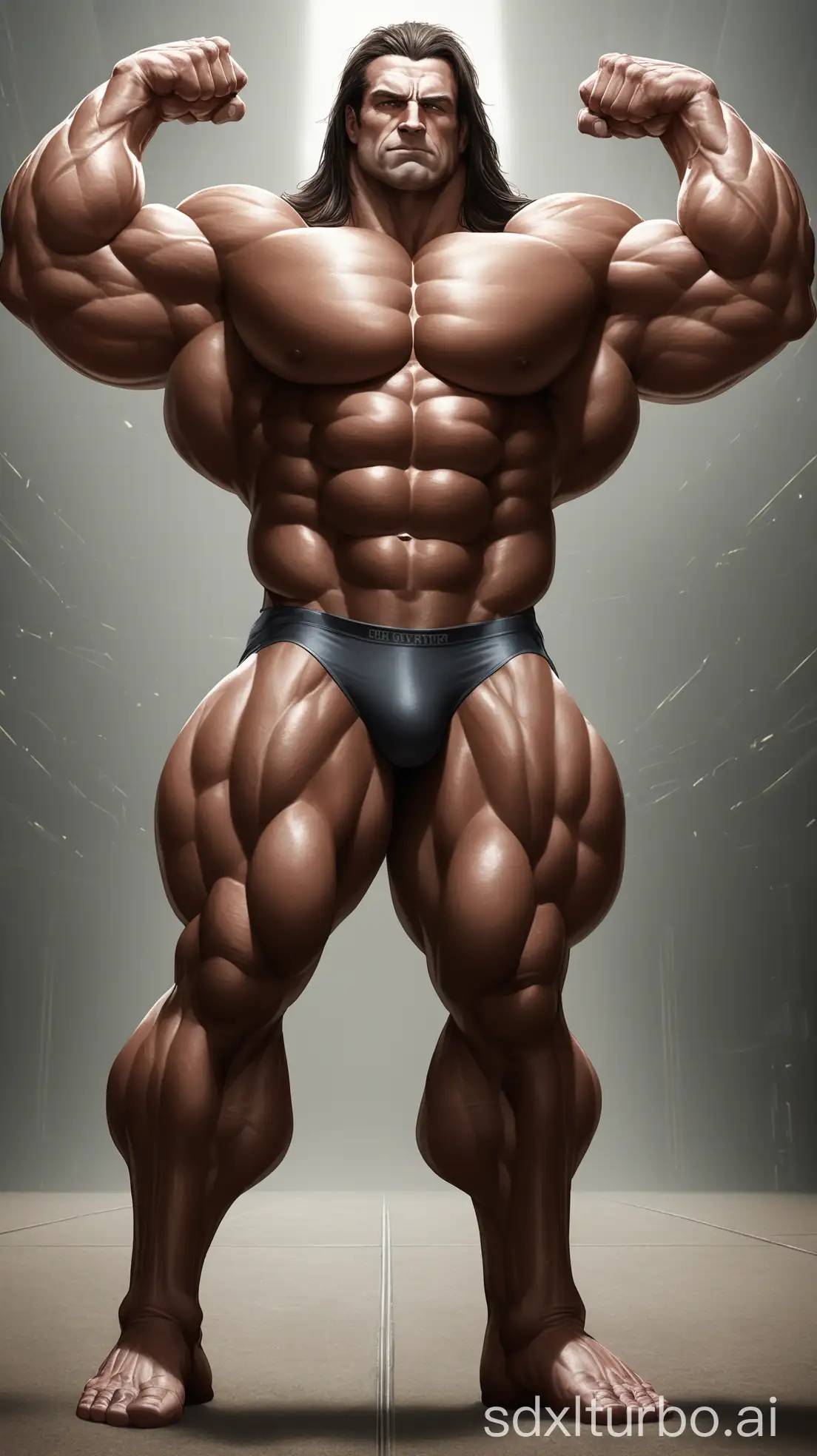 this image is a superhuman, depicted as a giant and muscular individual with an exaggerated physique. He possesses an incredibly large, very strong body, featuring a massive chest and oversized biceps, as well as a beautifully defined 8-pack set of abs. His legs are particularly notable, very long, thick, and towering, contributing to his immense stature. The character is an older man with long hair, adding an additional layer of distinction to his appearance. The image is composed with the subject raising his arms to proudly showcase his enormous biceps, emphasizing his muscular strength.