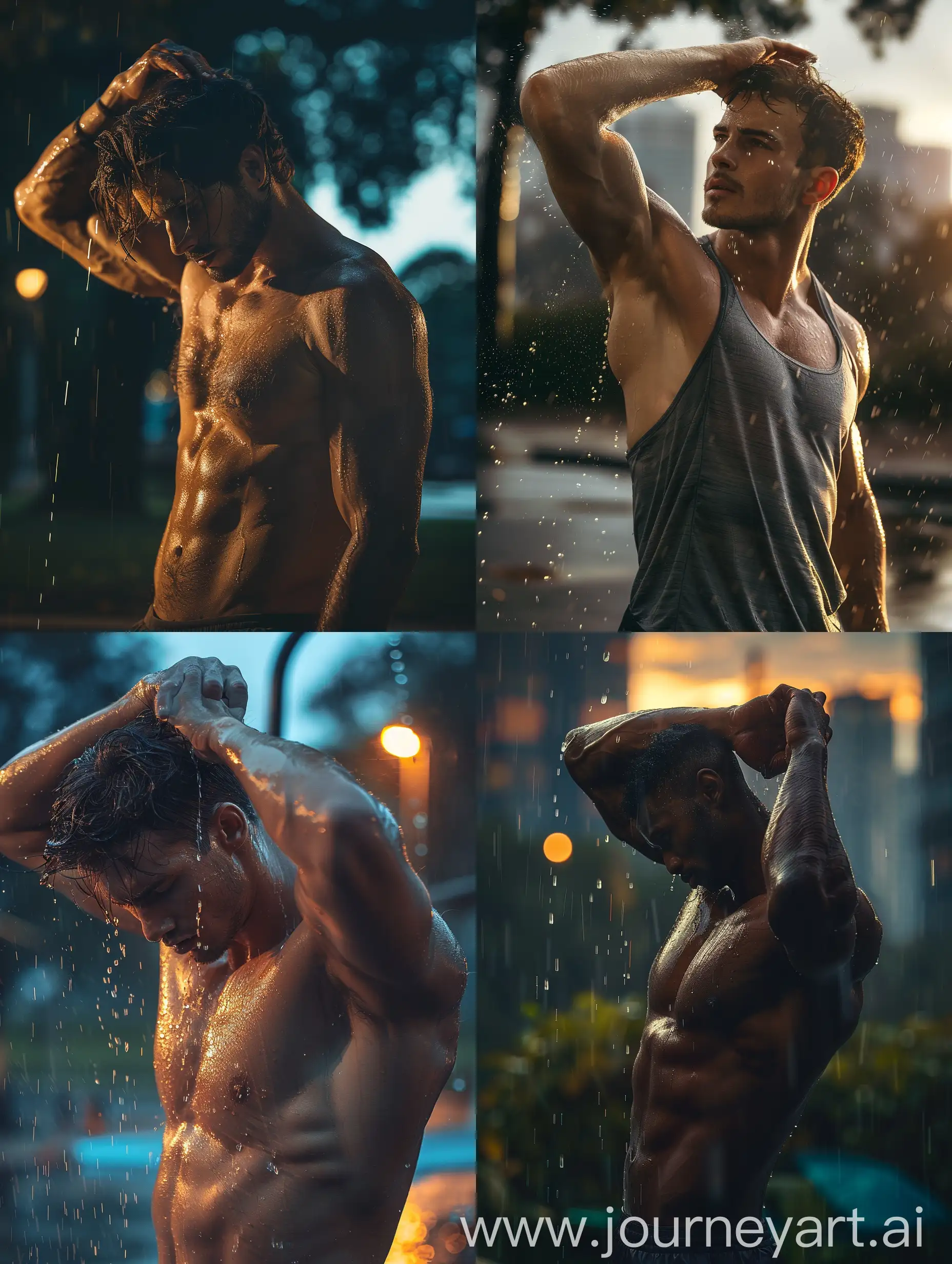 Muscular-Man-Pushing-Hair-Back-in-Dramatic-Cityscape