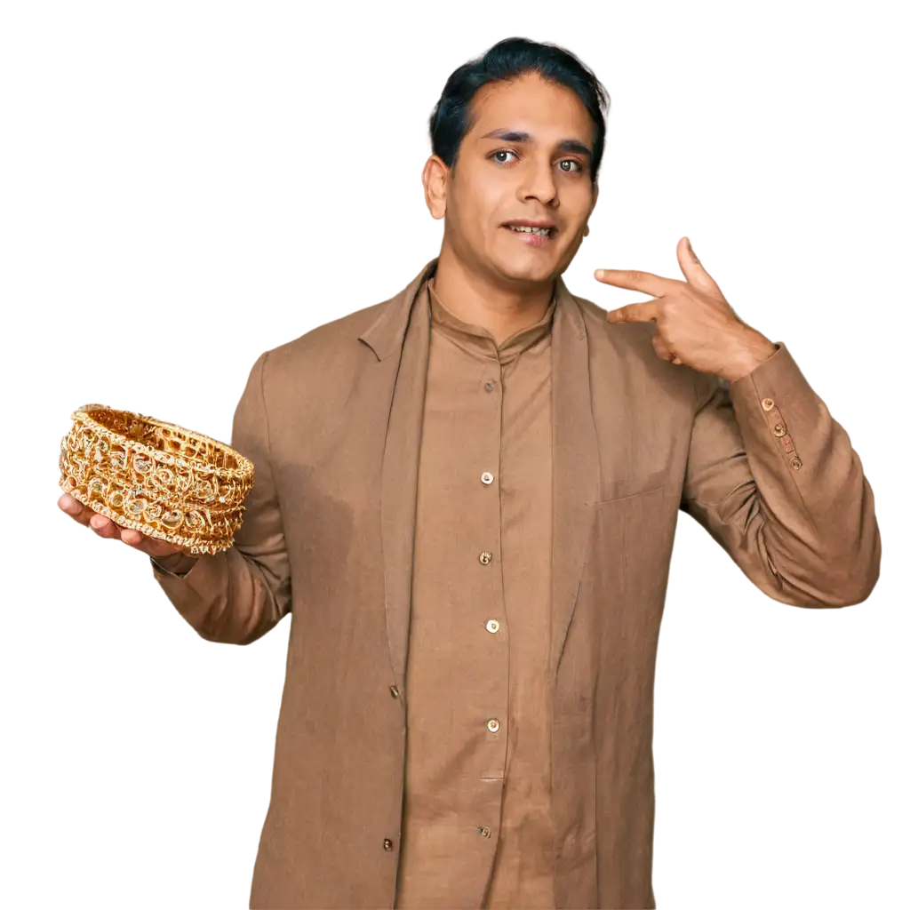 a indian man holding gold jewellery in hand