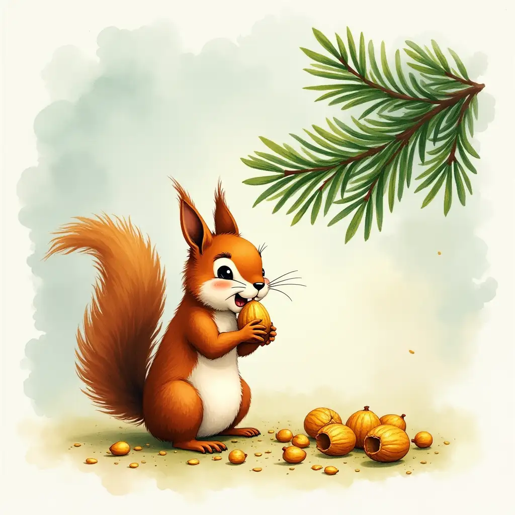 Watercolor illustration of a funny squirrel gnawing golden nuts under the spruce house, The squirrel sings a song And gnawing on nuts, And the nuts aren't just nuts, They're all golden shells, The kernels are pure emerald Soft, pastel colors with clear lines and rich accents. Created with: acrylic paint, watercolor gradient, thin brush strokes, light effects, gentle shadows, contouring, fairy tale atmosphere