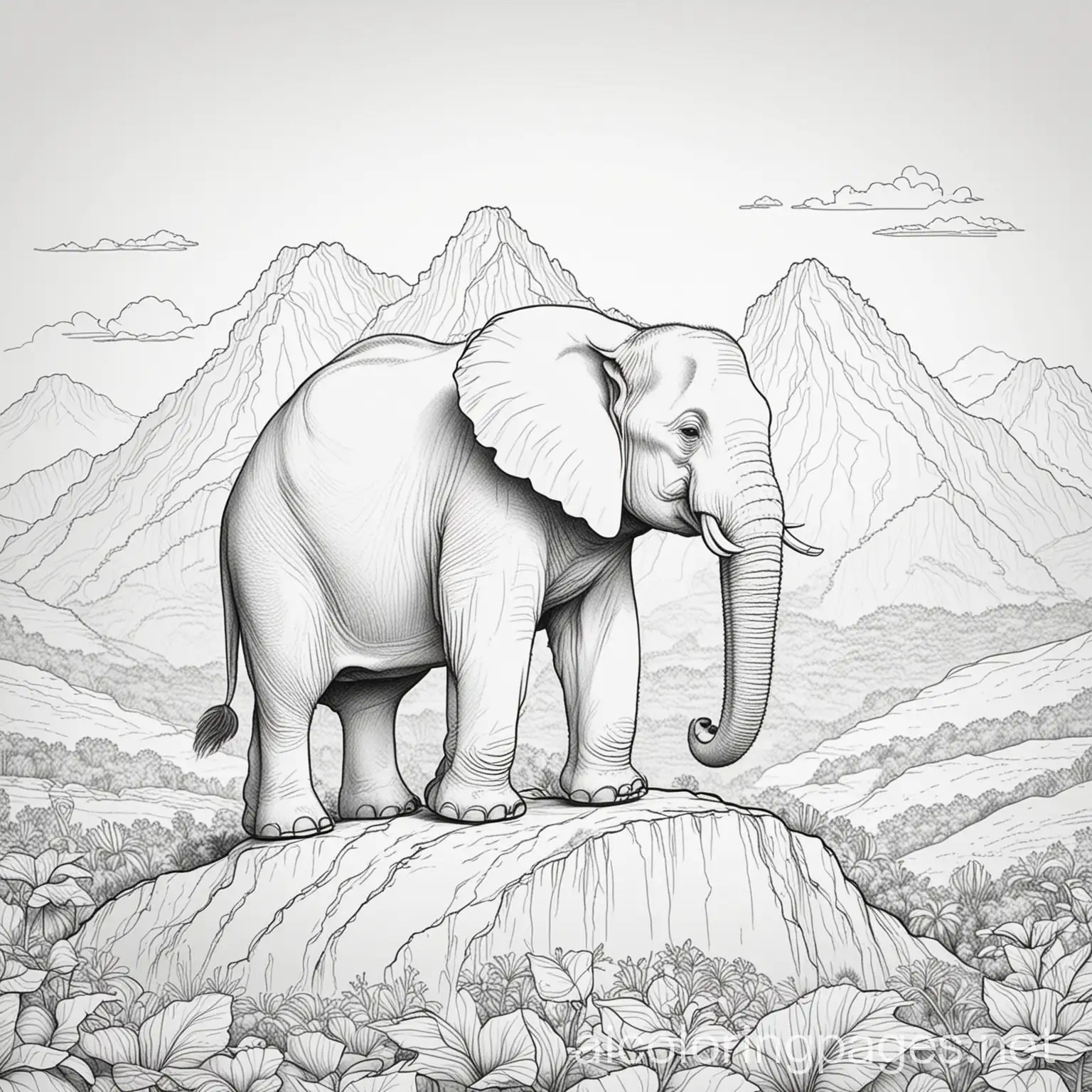 elephant on a mountain, Coloring Page, black and white, line art, white background, Simplicity, Ample White Space. The background of the coloring page is plain white to make it easy for young children to color within the lines. The outlines of all the subjects are easy to distinguish, making it simple for kids to color without too much difficulty