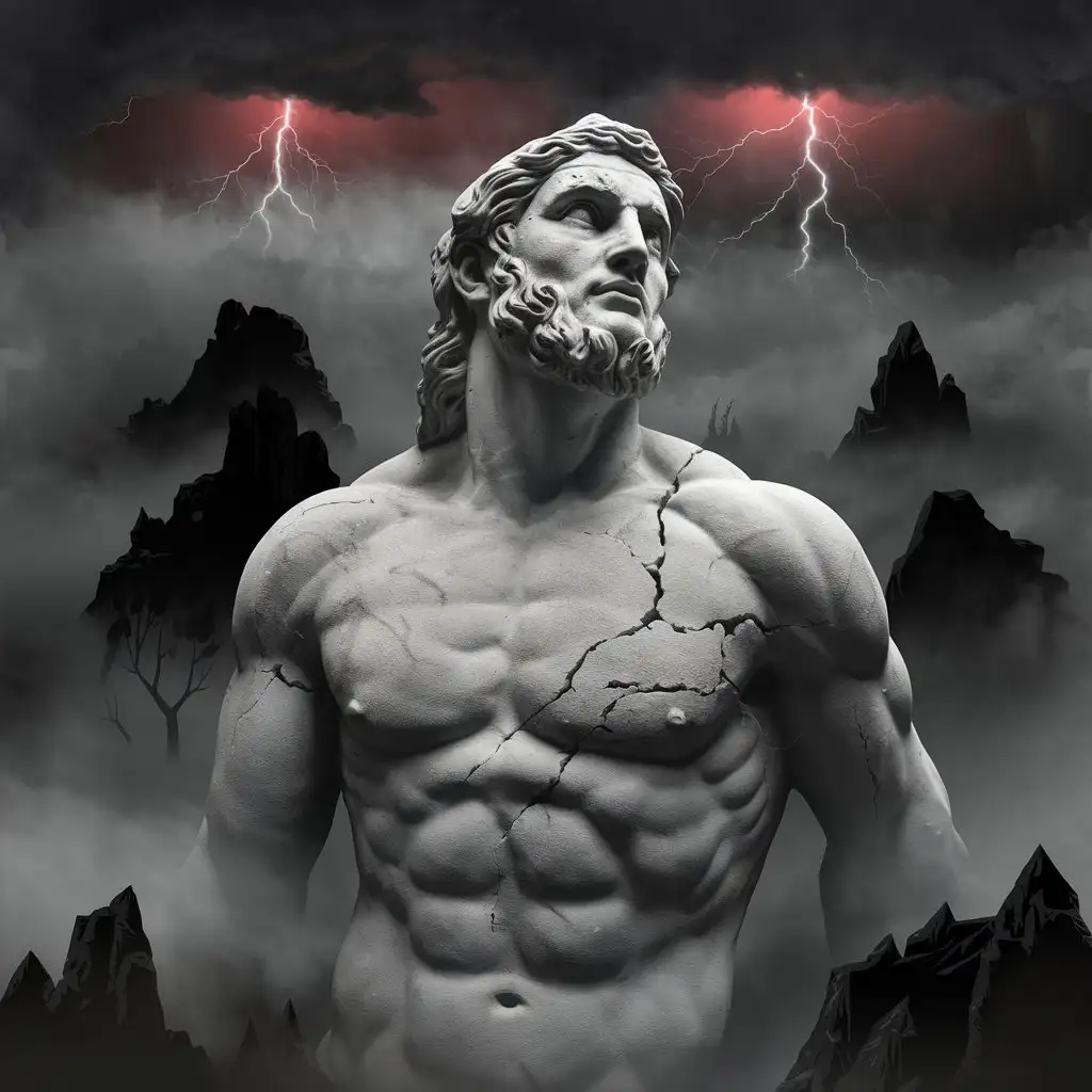 Greek Male Stoic Statue in Mystic Landscape with Red Lightning