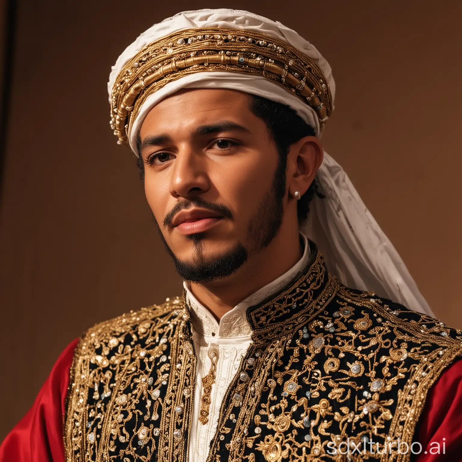 Close-up of Male Moroccan traditional singer in traditional dress singing in Opera