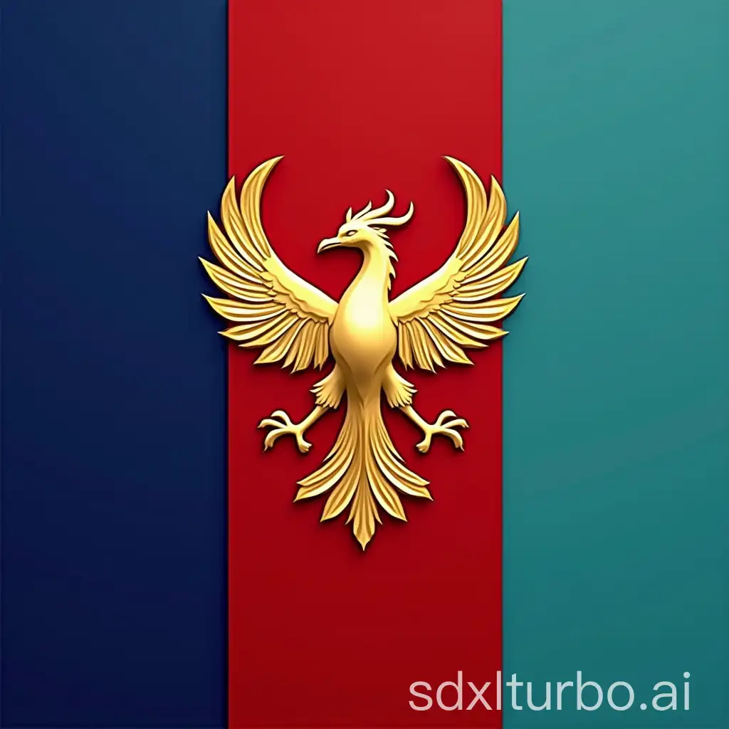 Generate a picture of a flag that has three vertical bands with three different colors: indigo, ruby red, turquoise, in this order.    There's also a design of simplified 2d vector graphic of these symbols: phoenix, a lotus flower from a top down vie, a cypress tree, all these symbols  are in gold color