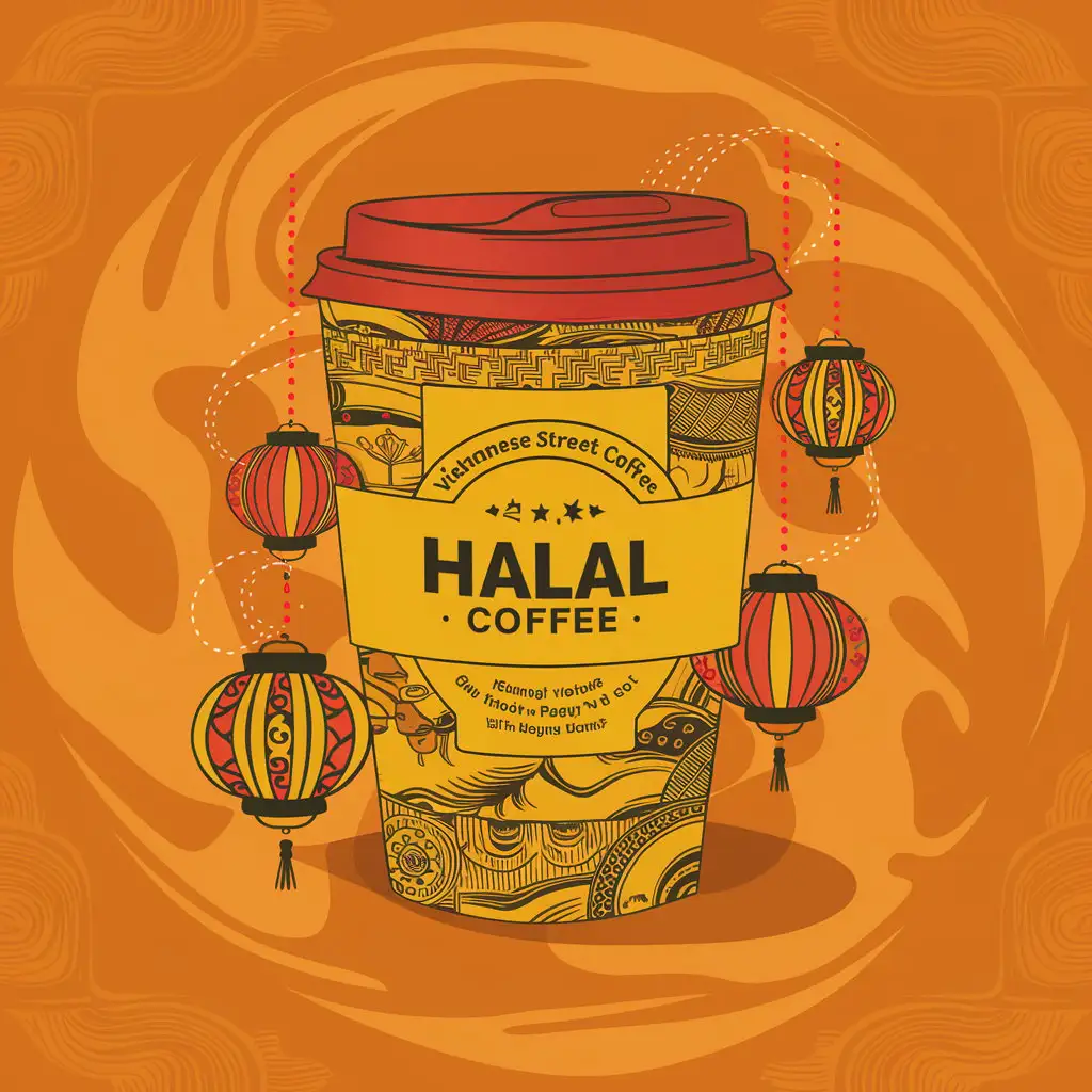 design yellow label for Vietnamese street coffee with lanterns images since 2024, halal coffee