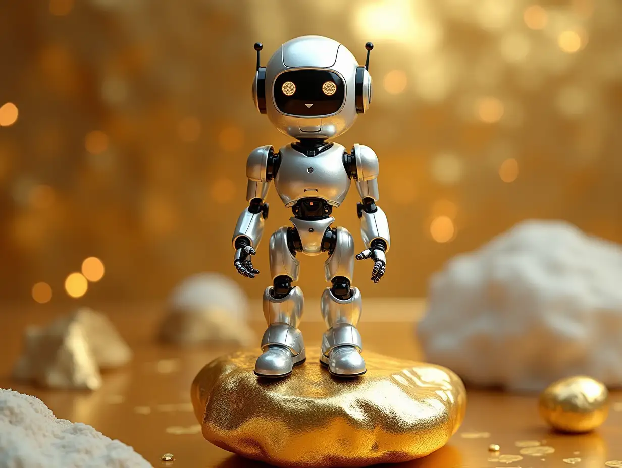 AI  Robot chrome on A Golden Rock