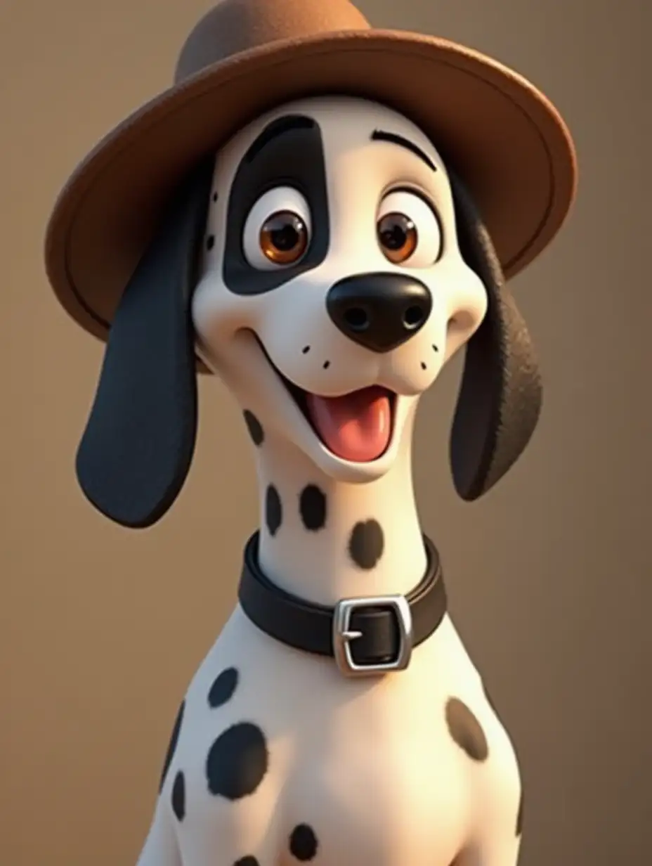 dalmatian dog with a black spot on one of his eyes in a disney pixar animation style wearing a hat