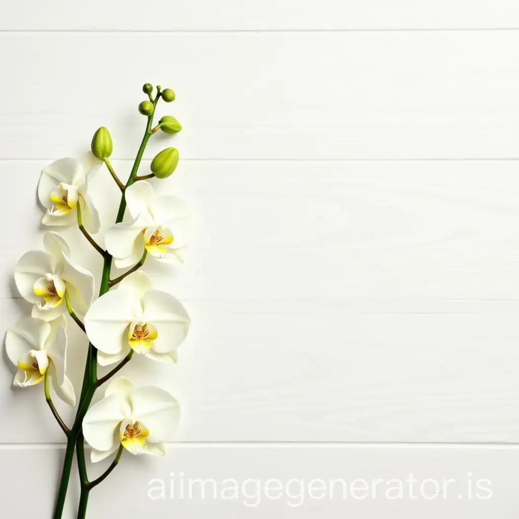 bouquet of white orchid on the left on a light wooden board background with a large empty space on the right