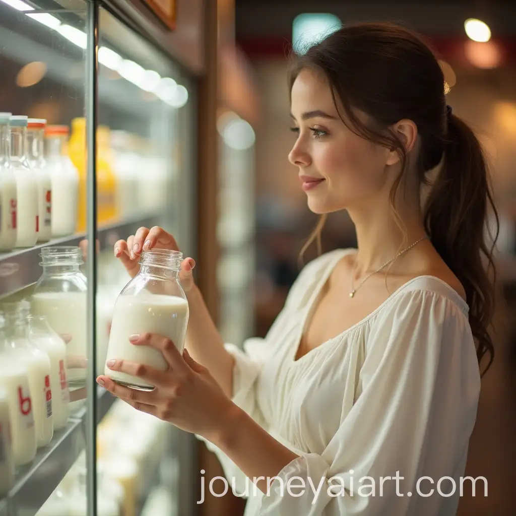Elegant-Girl-Choosing-Milk-in-a-Glass-BottleAI-Image-Prompt-Expansion-at-the-Store