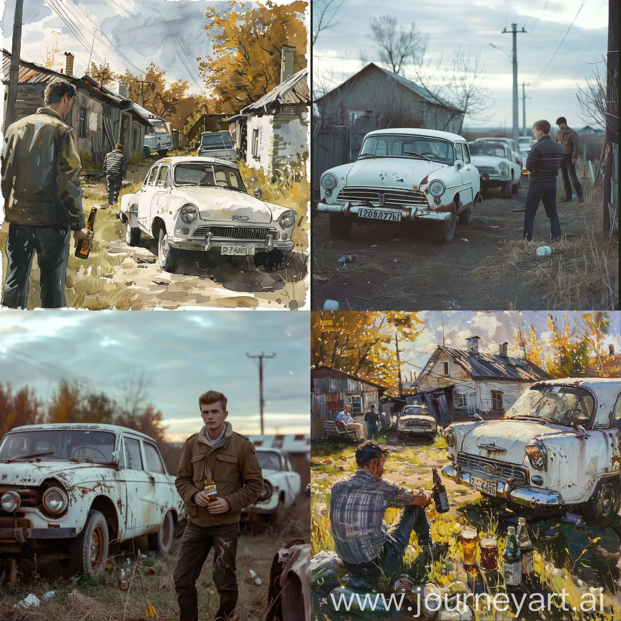 Guy-Drinking-Beer-Near-High-Schoolers-and-White-Zhiguli-Cars