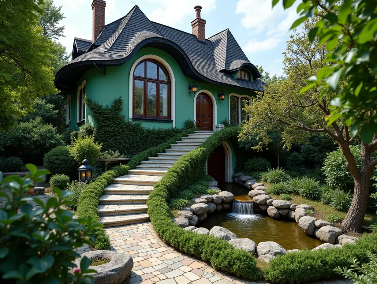 crooked house garden -with green stucco with white ornaments in the form of circles black roof, large windows with glass, curved, rough window shapes, winding grand entrance staircase made of marble a small waterfall complex curved roof, lanterns, bench apple tree 4K resolution colorful superWide-angle shots