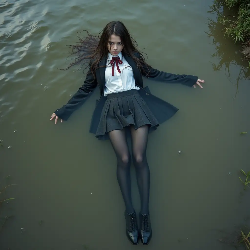 A schoolgirl in a school uniform, with a skirt, jacket, blouse, dark tights, high-heeled shoes. Swims in a dirty pond, body underwater, body under the water surface, clothes are wet, clothes completely soaked, wet clothes stick to the body.