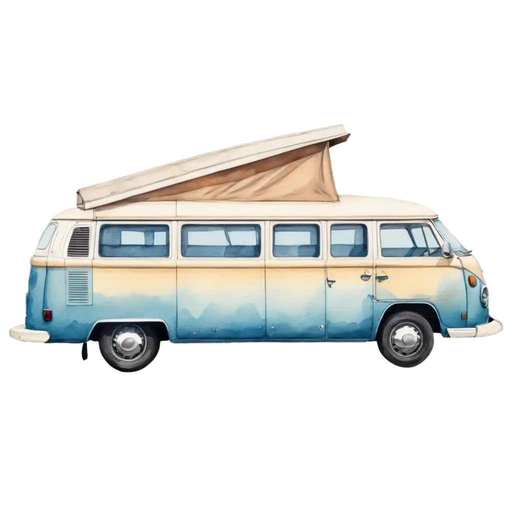 Vintage-Blue-Volkswagen-Camper-Van-PNG-Illustration-Watercolor-Retro-Travel-Icon-with-PopUp-Roof-and-Nostalgic-1960s-Aesthetic