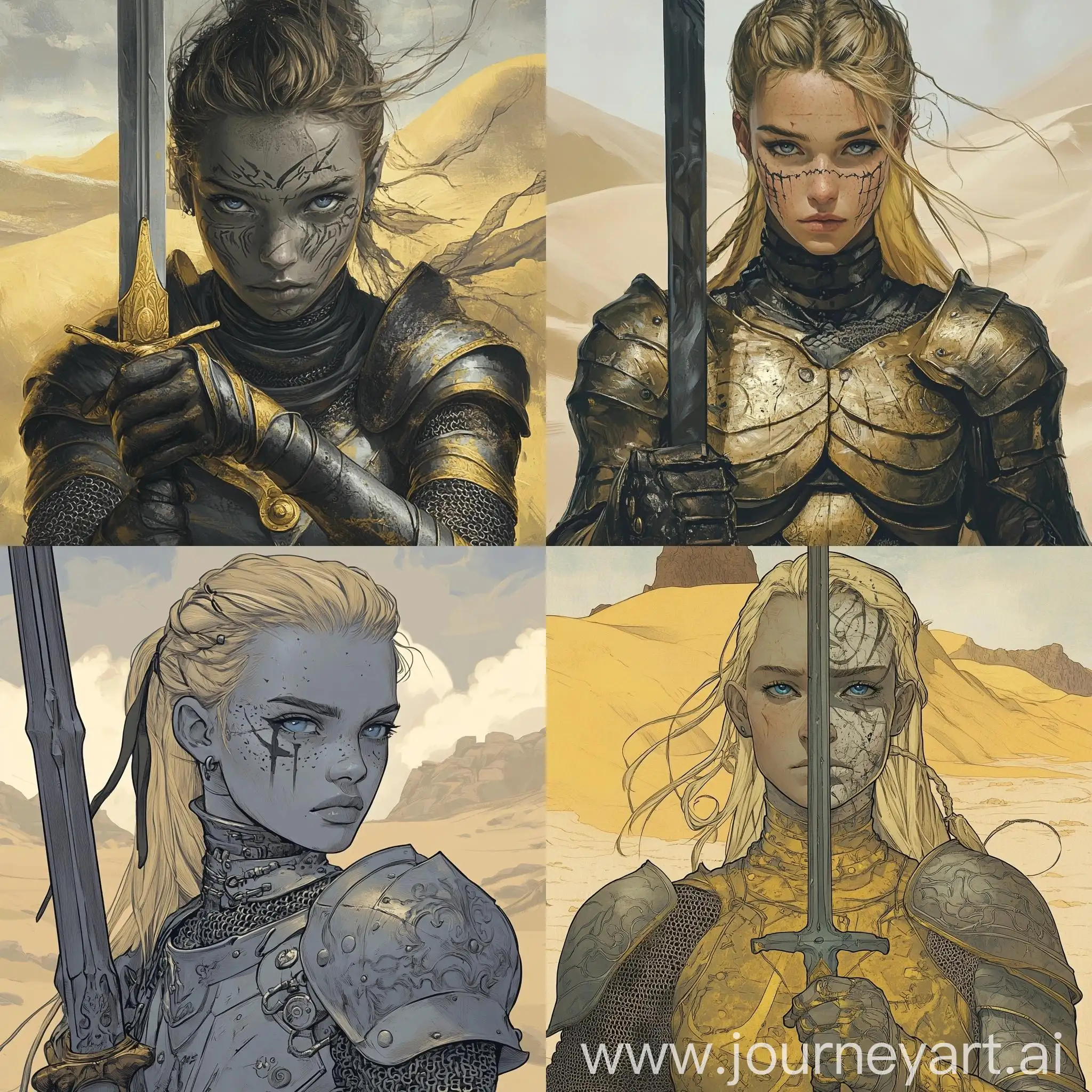 Mythical-Warrior-Girl-with-Sword-in-Golden-Armor-on-Sand-Dunes