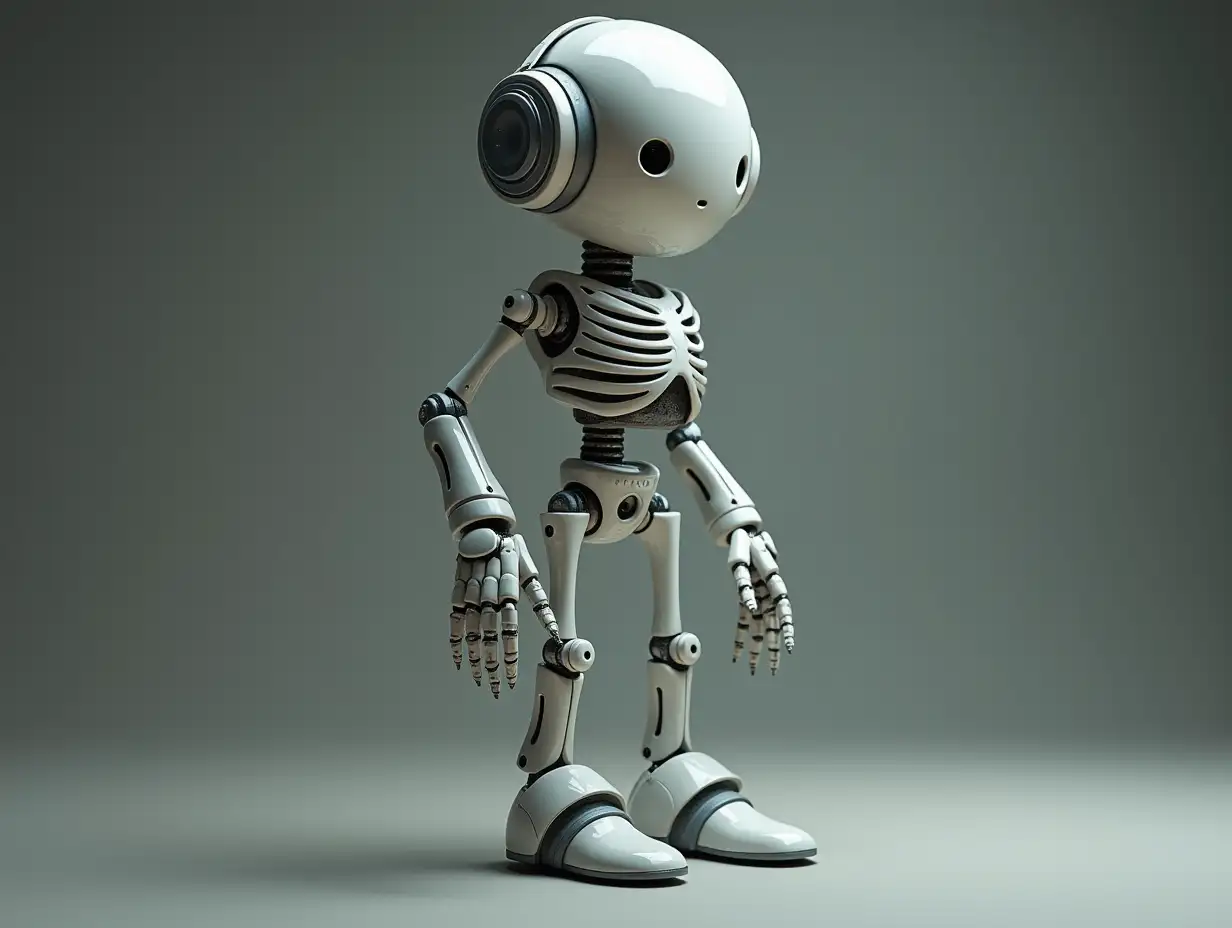 Create a high-resolution, realistic image of a robot standing with a skeleton body, porcelain hands, porcelain head, headphones, arms and legs on the floor in 4k resolution Steampunk 8k quality