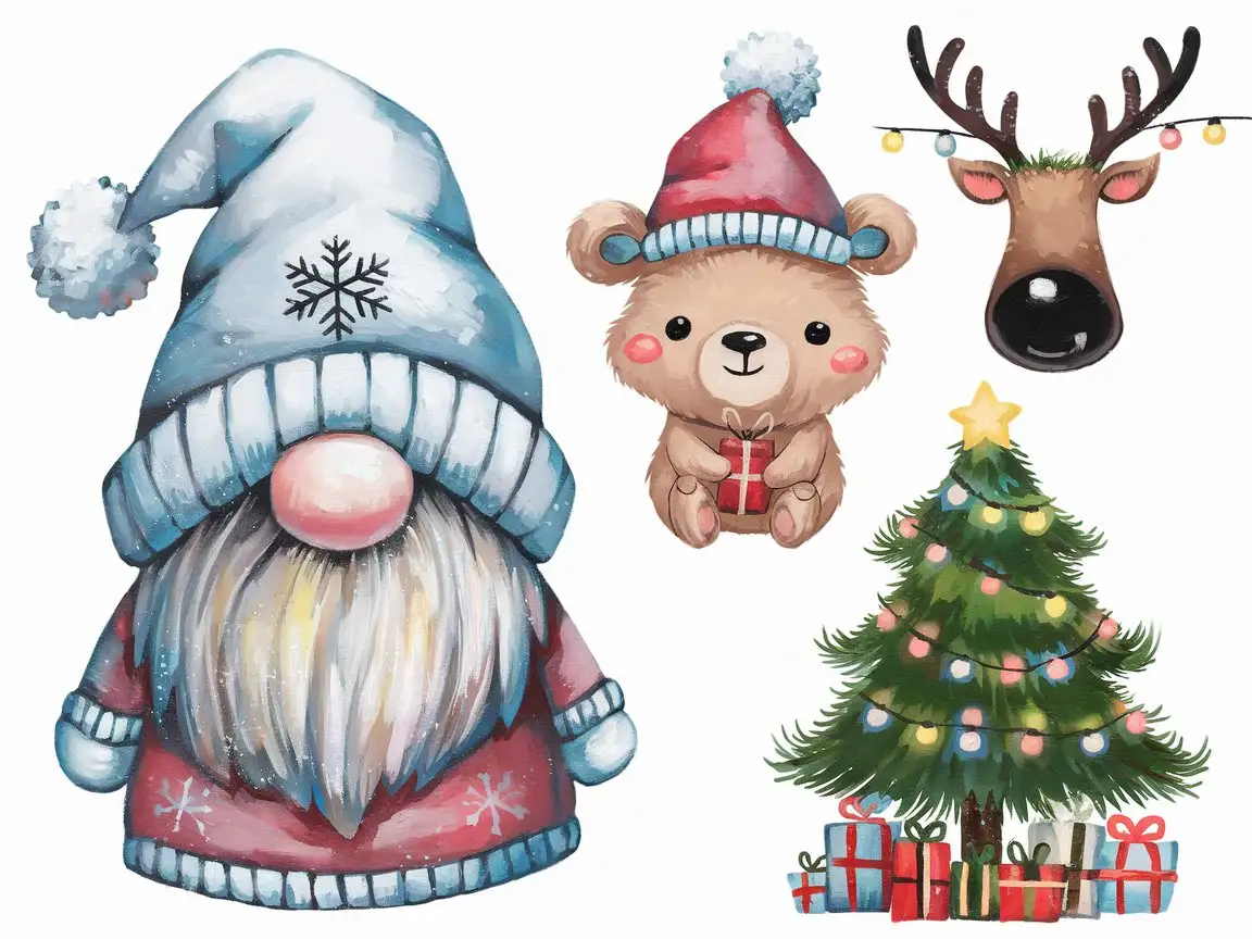 Whimsical Winter Illustrations Featuring Kawaii Gnome Bear Reindeer and Christmas Tree