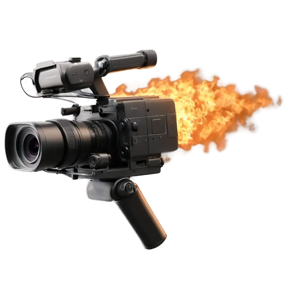 a videomaker camera flying fire around the camera, 3d render, realistic, 4k detailed, profissional