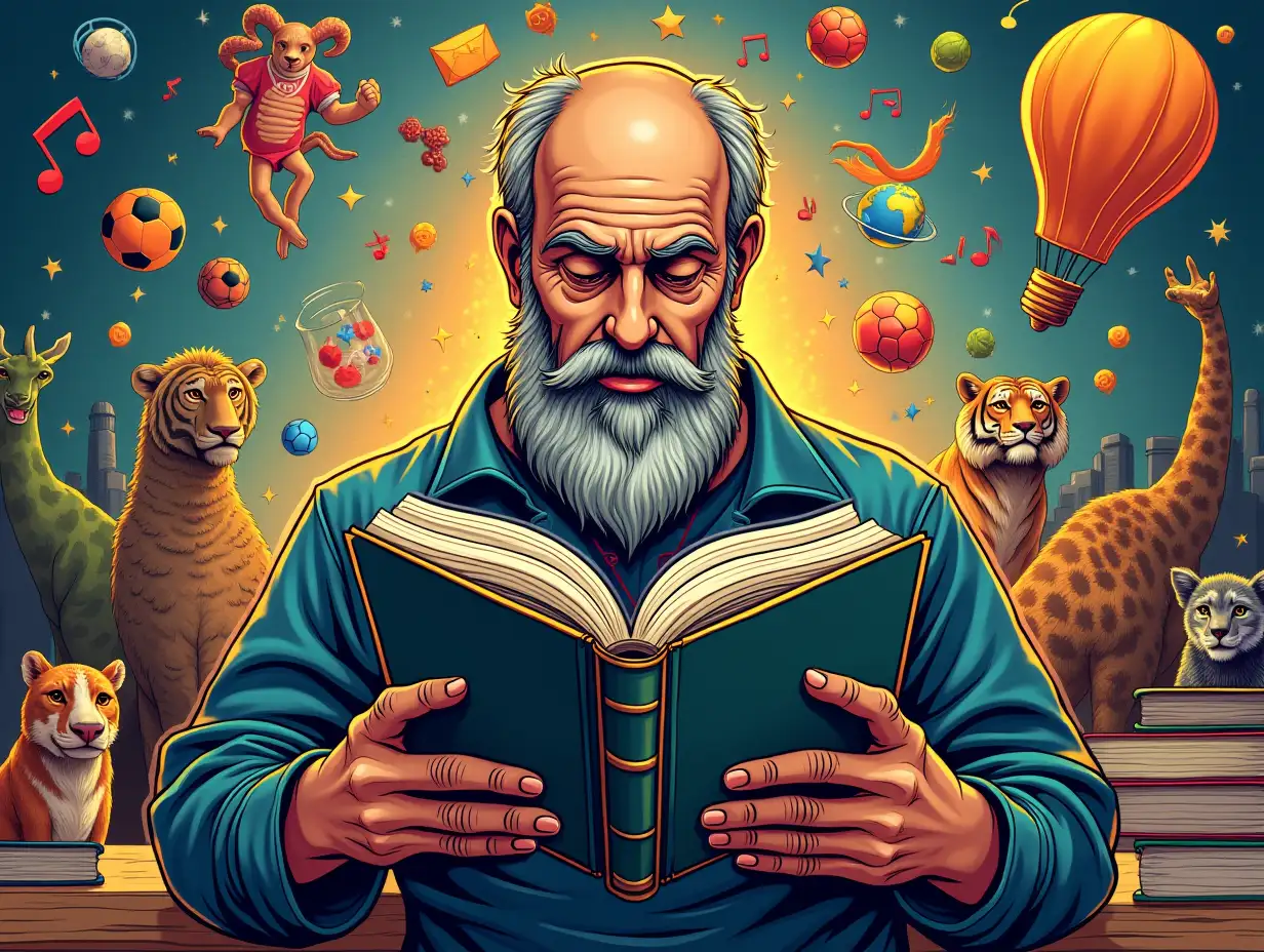 Illustration/comic style attractively modern and detailed, with vivid and contrasting colors. A wise man is reading a thick book. He is in the center of the image, from the middle of the body. In the background there are several concepts: music, cinema, sports, science, animals, geography