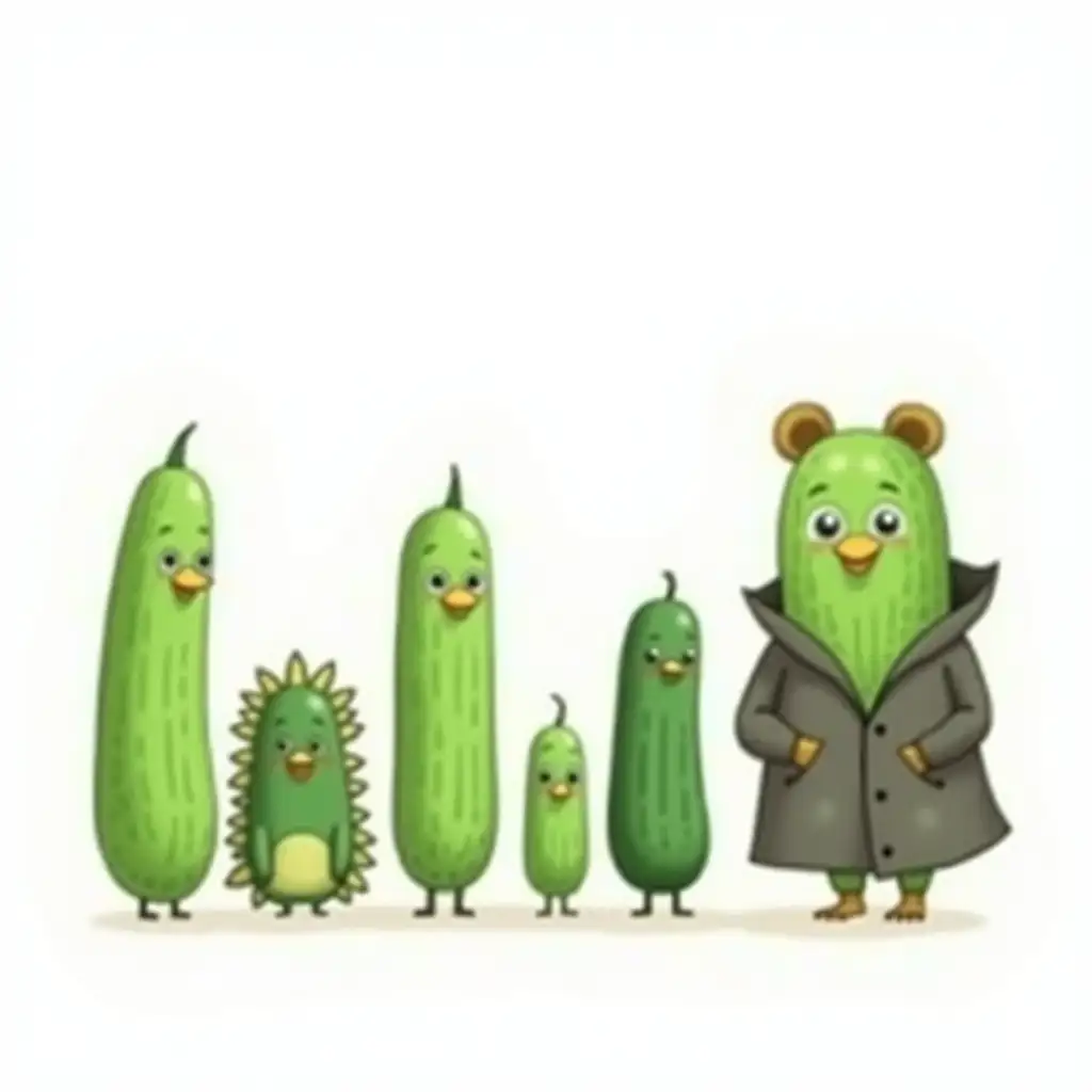 Draw 7 cucumbers standing in a row on a white background1 cucumber with blue eyes and tall, 2 cucumber with bear ears, 3 cucumber chickens, 4 cucumber dwarf, 5 cucumber hedgehog, 6 cucumber in green raincoat, 7 cucumber thin in black raincoat