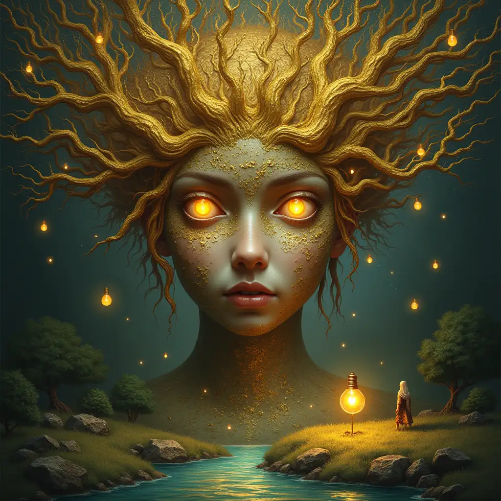 Creating a digital painting of a face with leuctkugel hair, that turns into a building with gold stones and illuminated trees with golden roots and a river with floating light bulbs and lanterns and strange fairy beings on a lawn