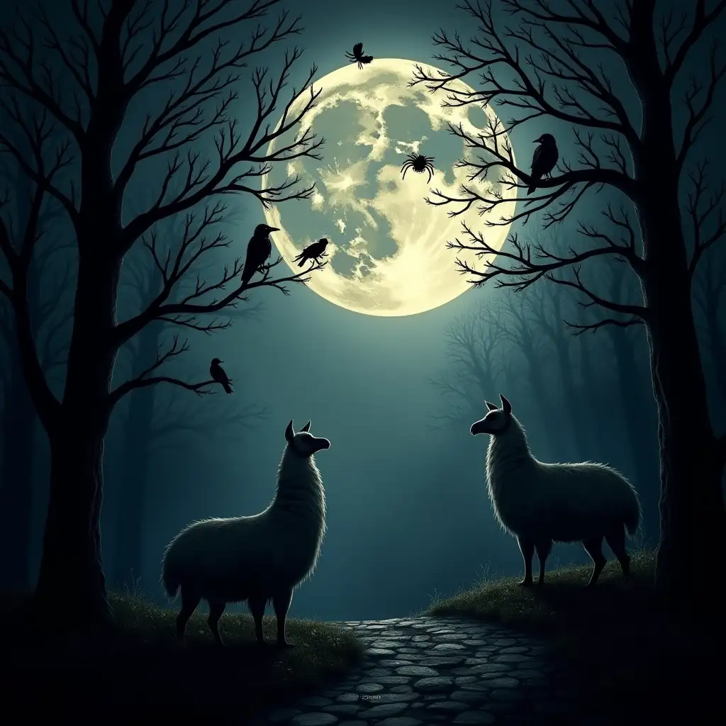 Dark moon with branches around it shineing on to a dark forest, crows spiders bats, and lamas