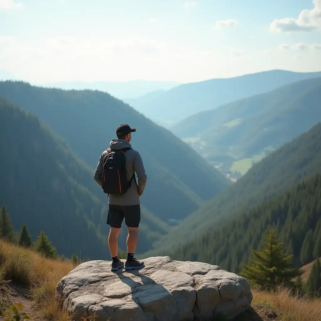 a person in sports clothing is standing on a rock and looking at the valley spread out before him