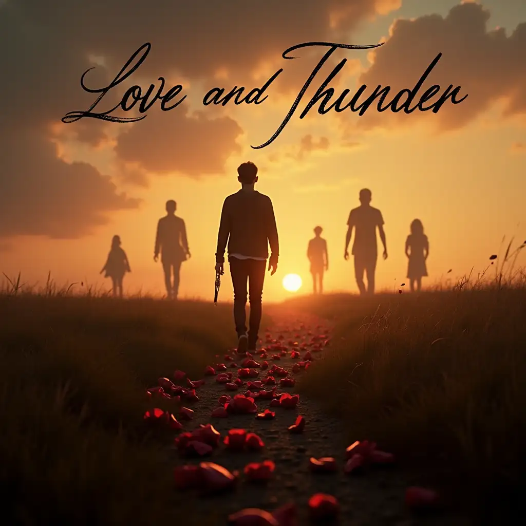 Create an emotional and introspective music cover. The image should convey the pain of a broken heart, the lessons learned after betrayal, and the sense of freedom after overcoming the past. Show a male figure walking alone in a field at sunset, with warm and melancholic tones in the sky. Behind him, symbolic shadows of a separated couple represent the past left behind. On the ground, fallen rose petals symbolize a broken love. The title 'Love and Thunder' should be prominently displayed in a cursive and soft font, reflecting both the pain and the process of moving on. The scene should contrast darkness and light, illustrating the weight of betrayal on one side and hope on the other.