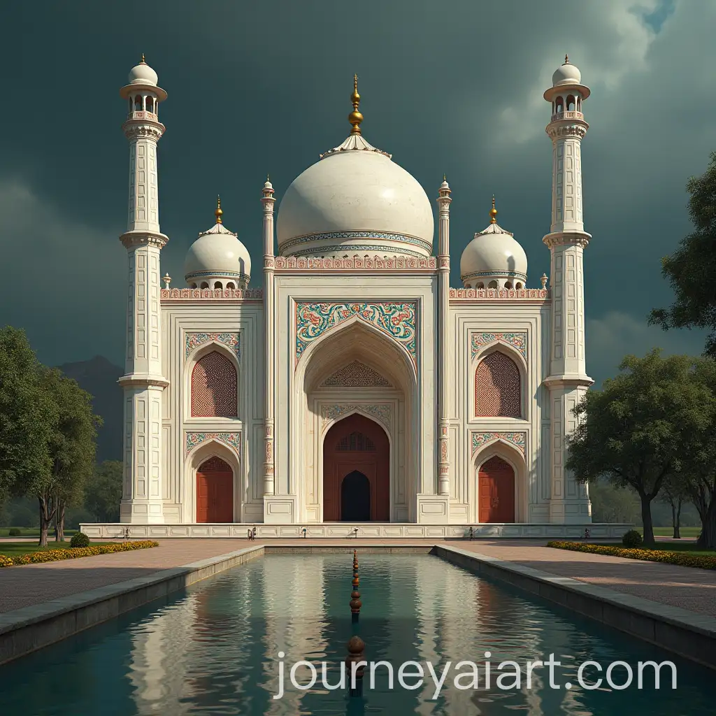 Symmetric-Front-View-of-White-Marbled-Mughal-Madrasa-with-Floral-Motifs-and-Mashrabiya-Balcony
