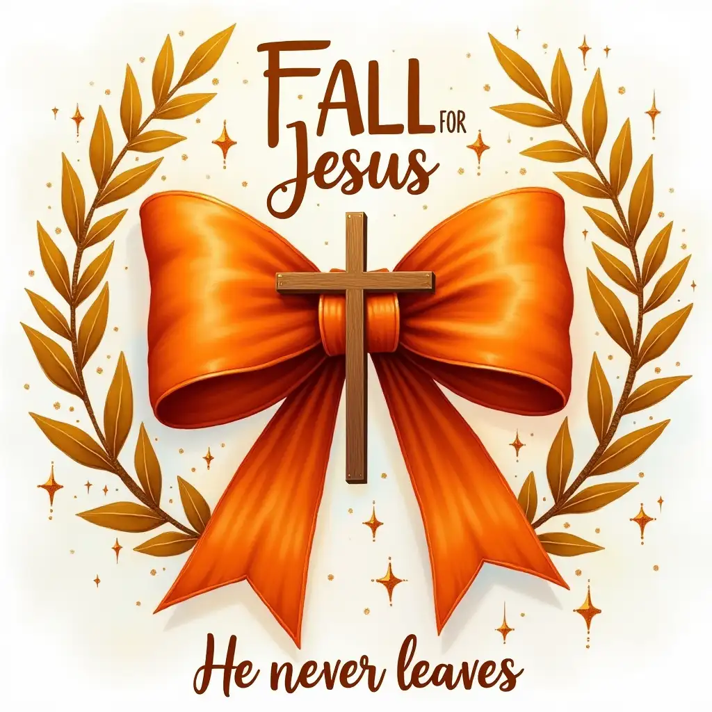 Oil painting Art. A vibrant orange bow with a cross in its center, surrounded by golden laurel wreaths and sparkling stars. The phrase 'FALL FOR JESUS' is written in bold, cursive script above the bow, and the phrase 'He Never Leaves' is written below. The image should have a warm, inviting aesthetic with detailed textures and vibrant colors. Elements such as the texture of the bow, the lines in the laurel wreaths, and the sparkles on the background should be clearly visible. The background should be a subtle watercolor wash with soft, blended colors.