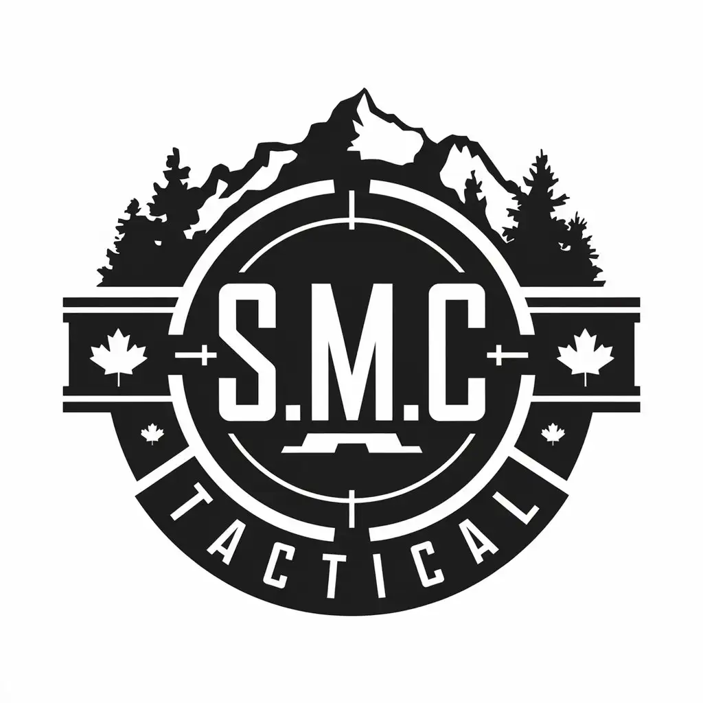 LOGO Design for SMC TACTICAL Black White with Crosshairs Mountains and Trees Theme