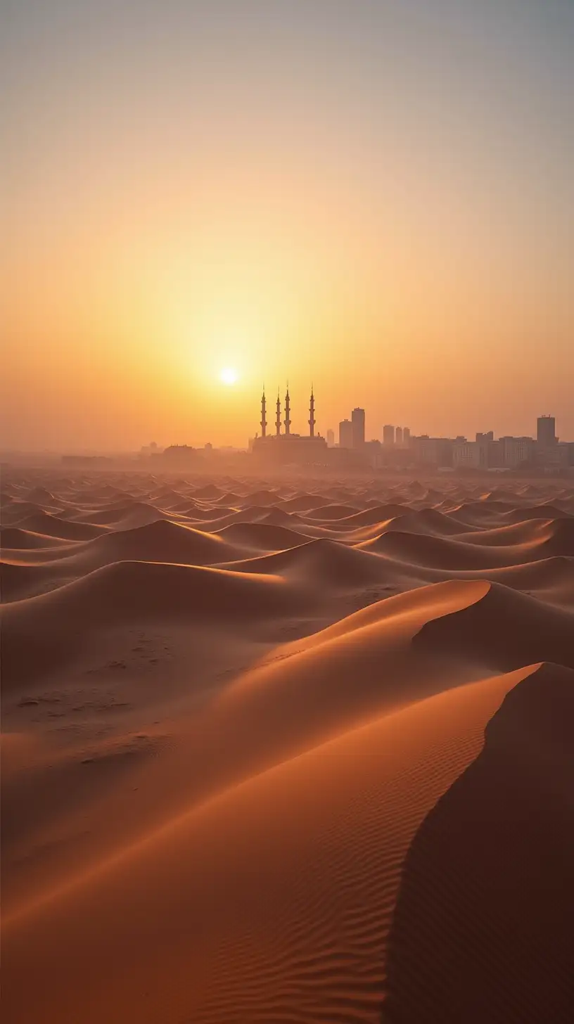 Serene Arabian Desert Landscape at Sunrise with Makkah in Background